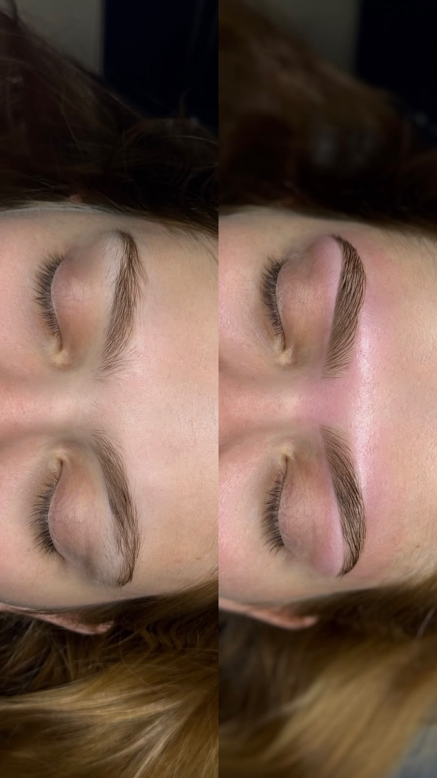 Antes e depois de coloração de sobrancelhas em cliente de cabelos claros.