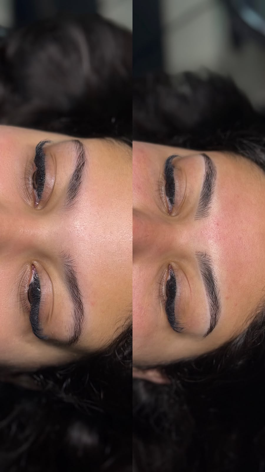Antes e depois de nanoblading em outra cliente de cabelos escuros.